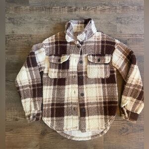 Crave Fame Brown Tan Plaid Sherpa Button Up Shacket Jacket Womens Size XS
